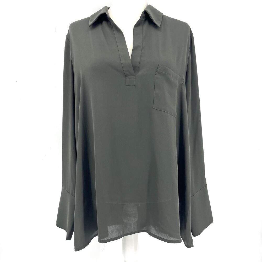 Pleione Gray‎ Chiffon Opaque Drapey Tunic Collared Blouse XL